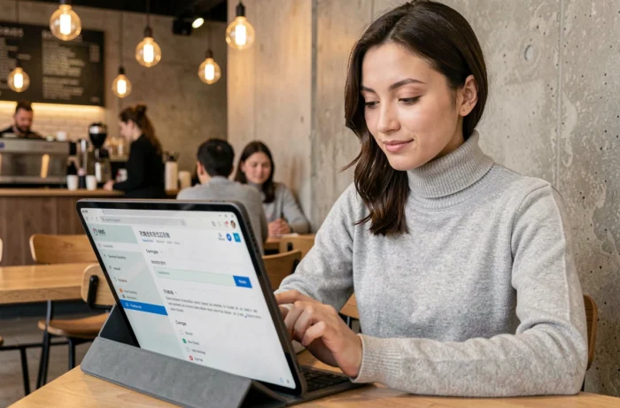 Jeune femme accédant à sa messagerie Zimbra en toute sécurité depuis un café avec une tablette
