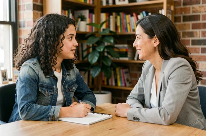 Jeune fille adolescente en séance d'accompagnement avec une mentore dans un espace éducatif moderne, symbolisant le développement du potentiel des jeunes