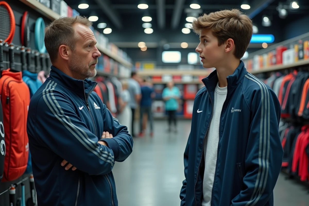 Adolescent discute avec coach de tennis dans un magasin