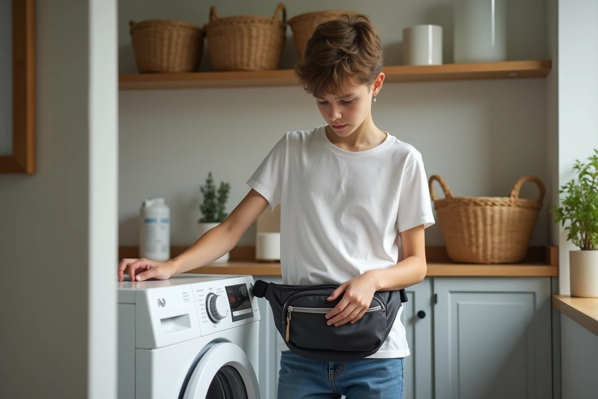 Adolescent vérifiant l étiquette d un sac de sport dans la buanderie