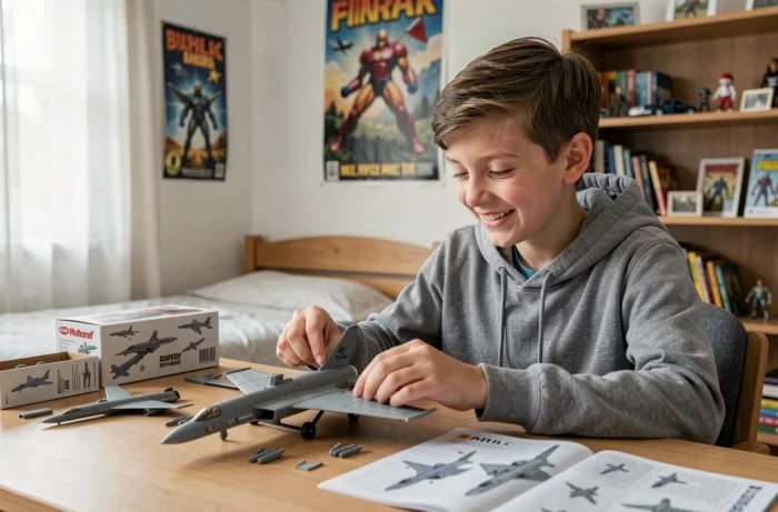 Adolescent concentré à assembler une maquette de vaisseau spatial dans sa chambre, loisir créatif et distraction au quotidien