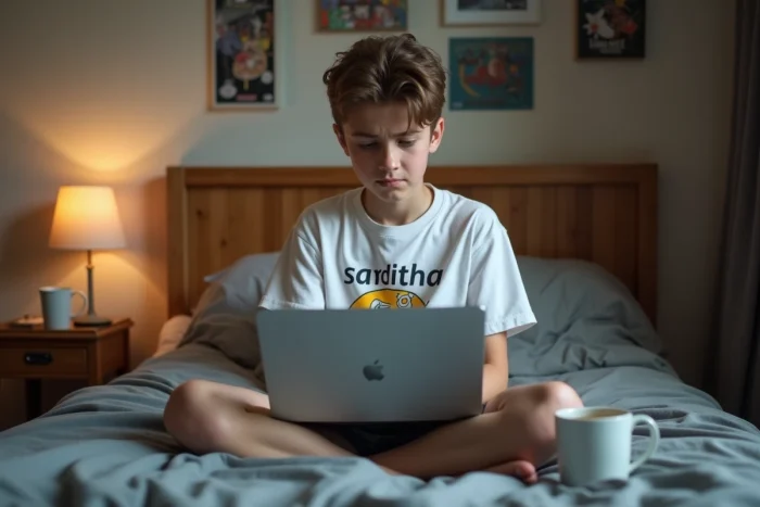 Adolescent assis sur son lit avec un ordinateur portable rencontrant un problème de fermeture de Google Chrome