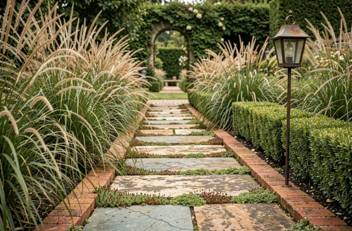 Allée de jardin à l'anglaise avec des pierres décoratives en céramique, une lanterne antique sur tige métallique et des graminées ornementales encadrant le chemin