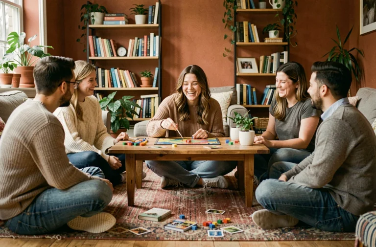 Groupe d'amis jouant à un jeu de société dans un salon cosy, s'amusant ensemble au quotidien