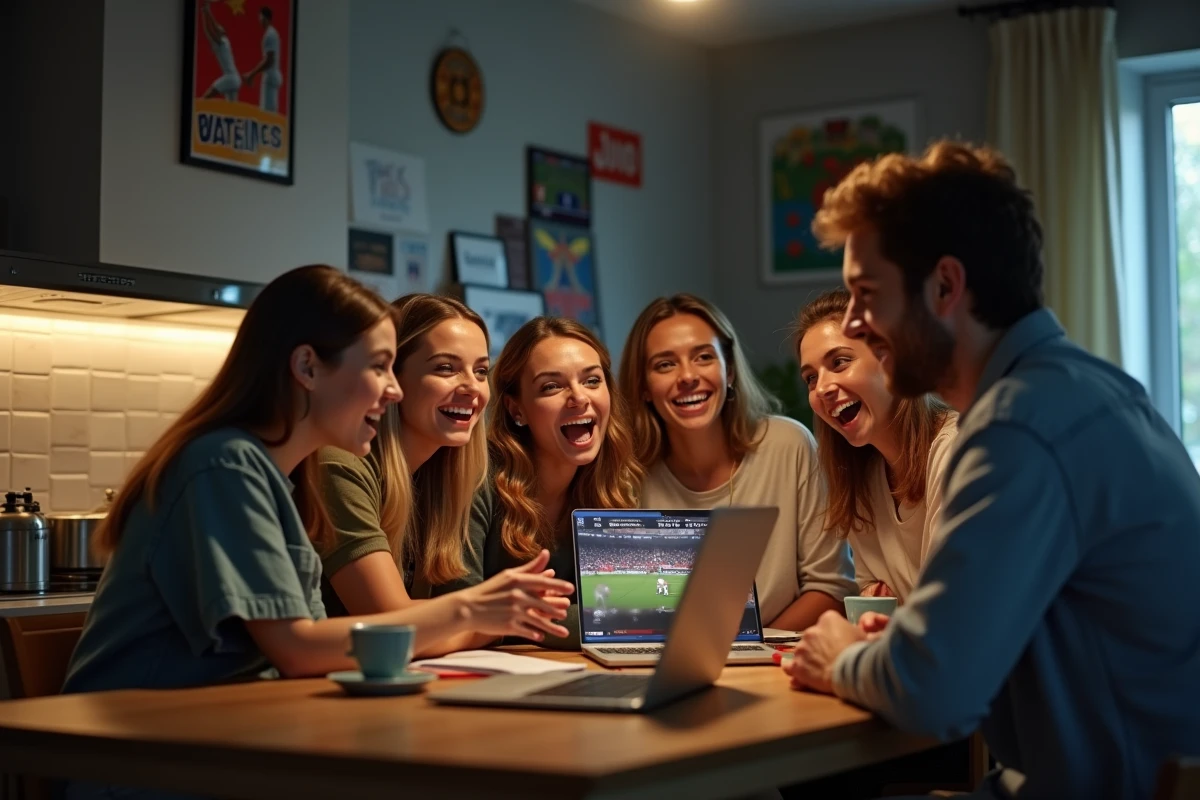 Groupe d amis regardant un match de sport dans une cuisine moderne