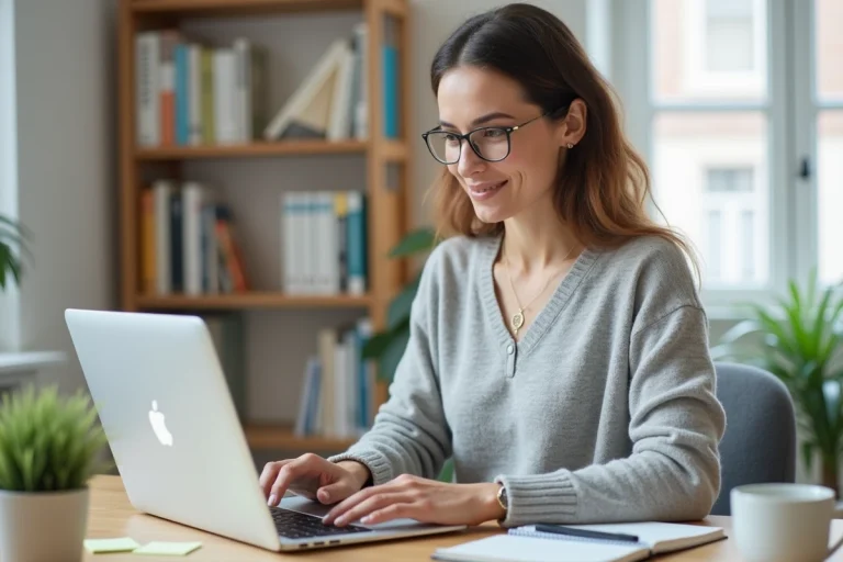 Auto-entrepreneuse travaillant sur son ordinateur portable dans un bureau à domicile moderne et épuré