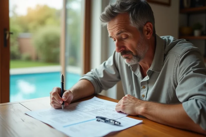Propriétaire analysant un avis de taxe foncière avec une piscine enterrée visible en arrière-plan