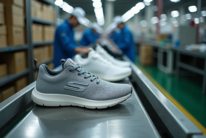 Chaussures Skechers à différents stades de fabrication sur un tapis roulant industriel dans une usine de production en Asie