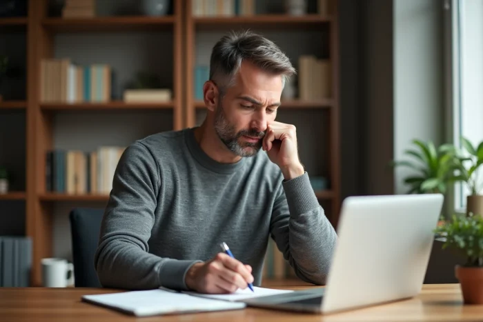 Formateur et entrepreneur en développement personnel prenant des notes dans son bureau, reflétant une posture de travail studieuse et inspirante