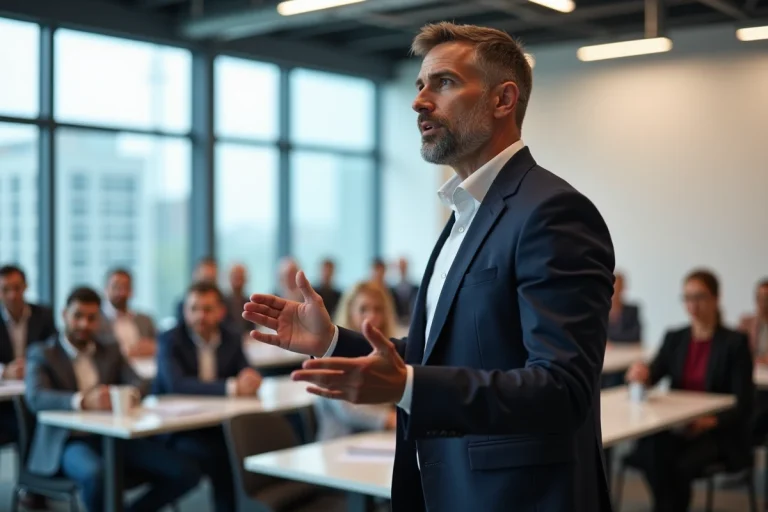 Coach et formateur professionnel en train d'animer une conférence de motivation devant un public attentif dans une salle moderne
