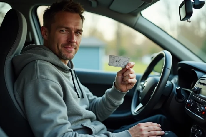 Homme tenant le code autoradio Renault sur une carte papier assis dans l'habitacle de sa voiture