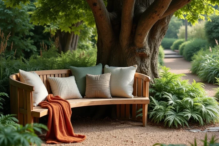 Coin de jardin convivial avec banc en bois autour d'un arbre, coussins en laine et végétation naturelle dense