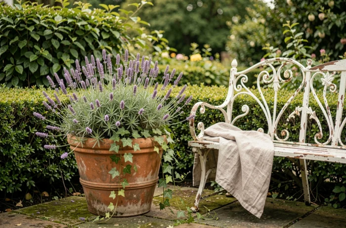 Coin de jardin décoré avec une jardinière en terracotta, un banc en fer forgé blanc et un jeté en lin, entouré de lavande et de feuillage luxuriant
