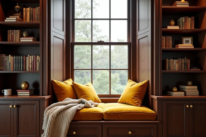 Coin lecture cosy avec banquette en velours moutarde, bibliothèque en noyer et décoration chaleureuse dans une alcôve de fenêtre