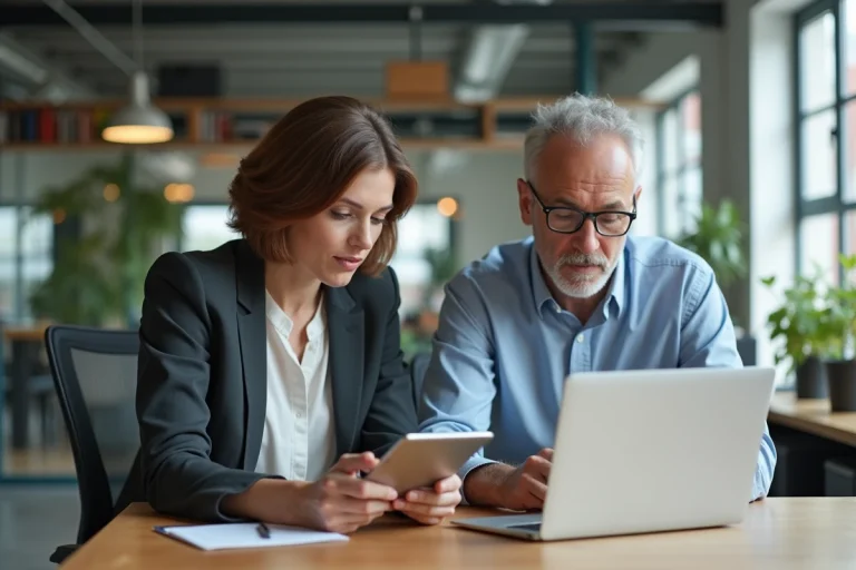Femme et homme en réunion de travail dans un bureau moderne