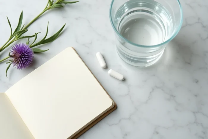 Composition minimaliste avec capsule de complément hépatique, chardon-Marie et carnet de notes sur marbre