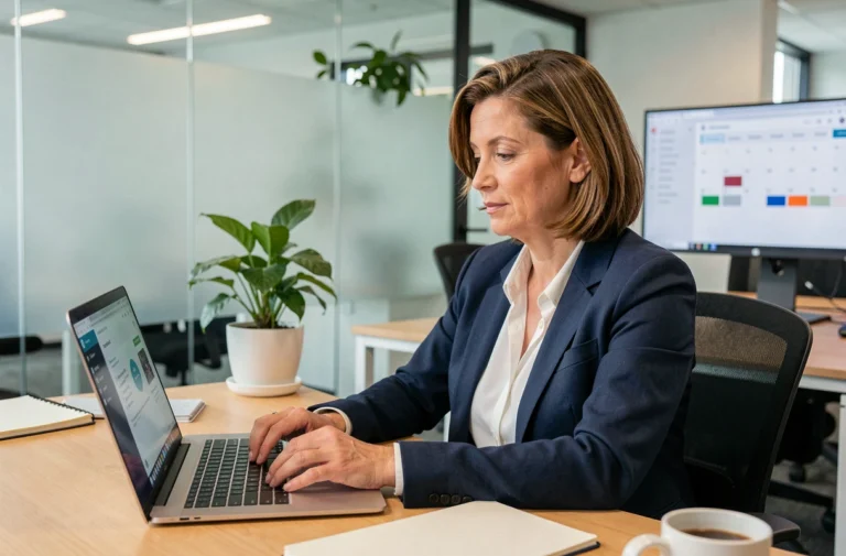 Femme professionnelle consultant sa messagerie Zimbra sur un ordinateur portable dans un bureau moderne