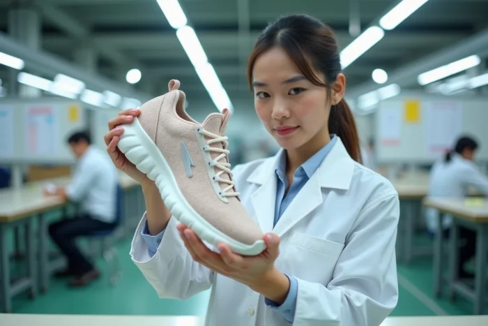 Contrôleuse qualité inspectant une chaussure Skechers terminée dans une usine de fabrication en Asie du Sud-Est