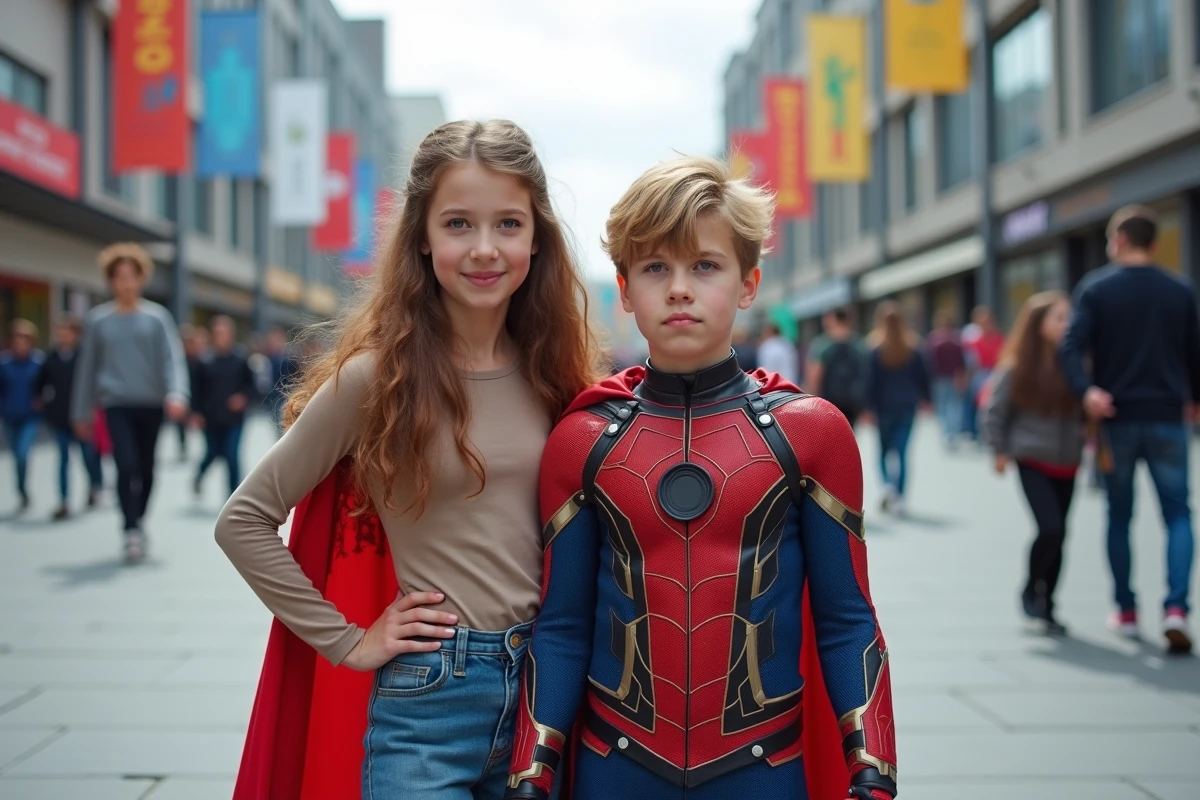Enfants en costumes de superhéros dans une place publique
