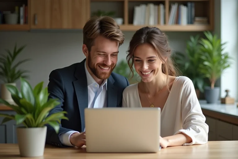 Jeune couple souriant en préparant leur mariage à la maison