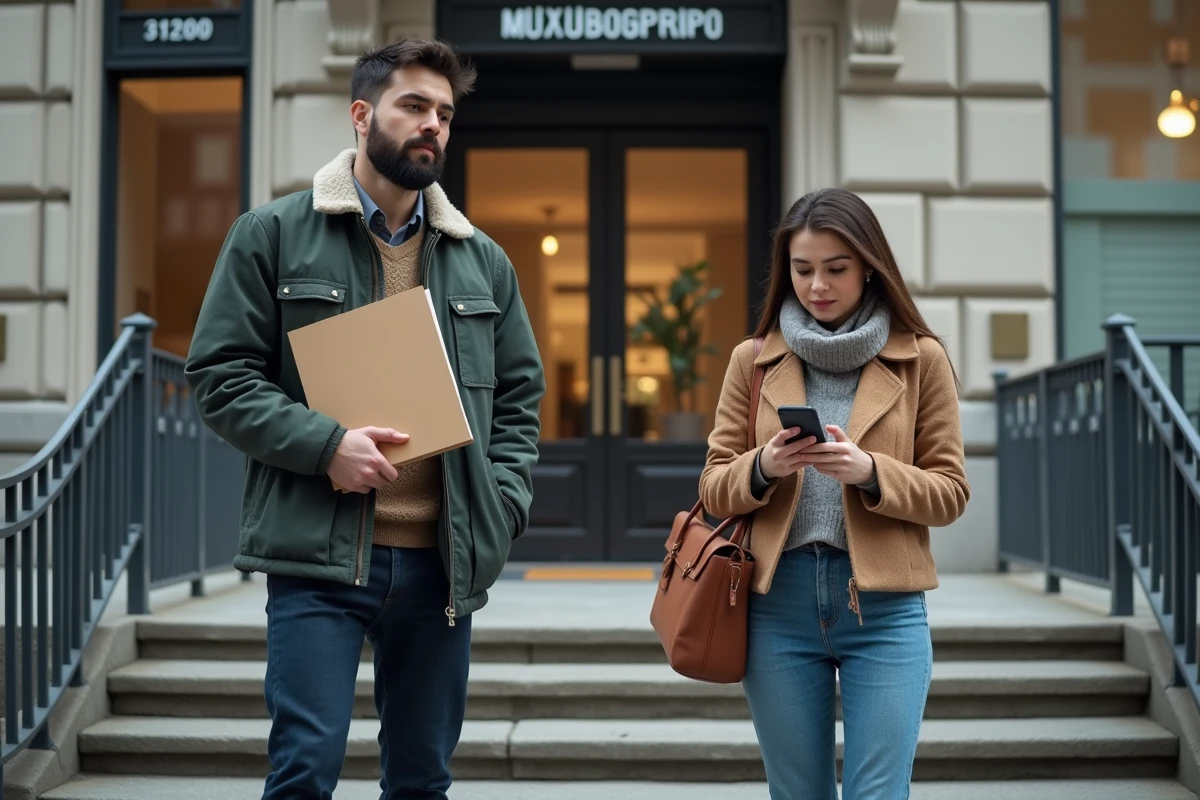 Jeune couple devant un bureau de logement en ville