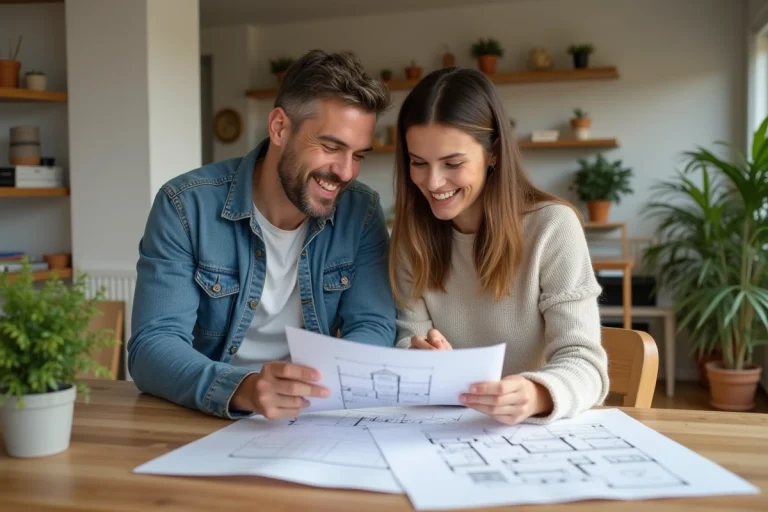 Couple souriant planifiant leur maison neuve