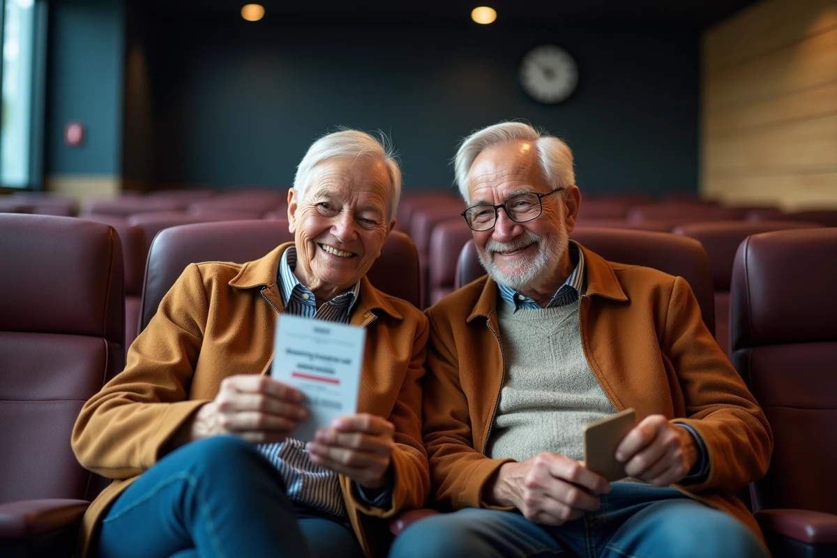 Couple âgé souriant dans le hall de cinéma avec billets