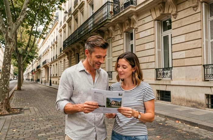 Couple étudiant une annonce immobilière devant un immeuble en pierre dans une rue de Lyon