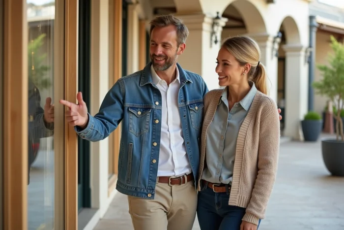Couple découvrant les vitrines des boutiques de marques au Village des Marques Miramas