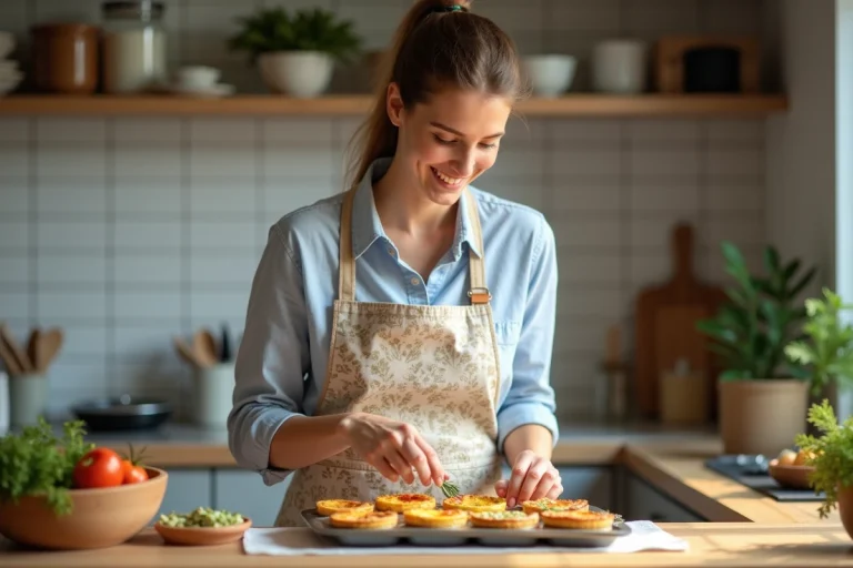 Femme souriante garnissant des quiches maison dans la cuisine