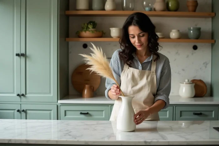 Femme arrangeant des fleurs séchées dans une cuisine moderne avec armoires vert sauge et plan de travail en marbre