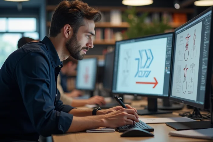 Designer utilisant un stylet Wacom sur InDesign pour ajuster des flèches dans une agence créative en open space