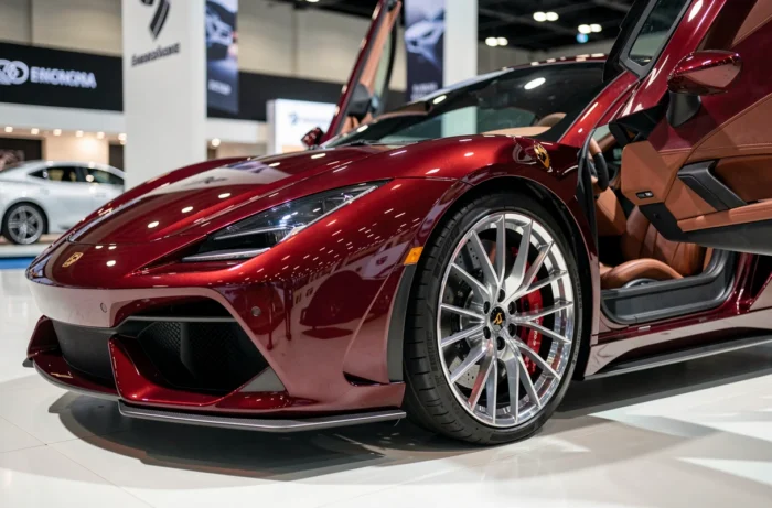 Détail de carrosserie et d'intérieur d'une voiture de luxe exposée lors d'un salon automobile prestigieux