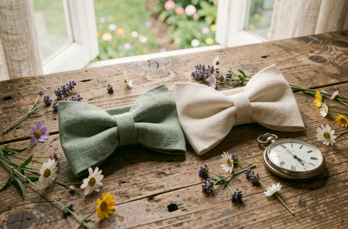 Nœuds papillon en lin vert sauge et coton ivoire sur table en bois rustique entourés de fleurs sauvages pour un mariage champêtre