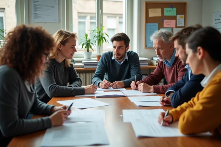 Groupe d'enseignants français en réunion dans une salle