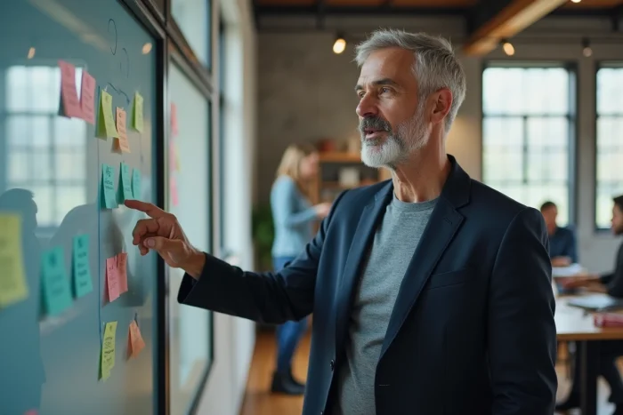 Entrepreneur masculin animant une session de coaching en business digital dans un espace de coworking