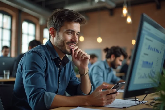Jeune entrepreneur indépendant en appel vidéo dans un espace de coworking avec tableau de bord analytique visible