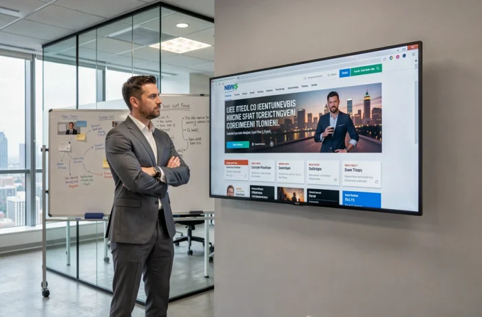 Entrepreneur en costume consultant les services d'un site de presse professionnelle pour améliorer sa visibilité en ligne