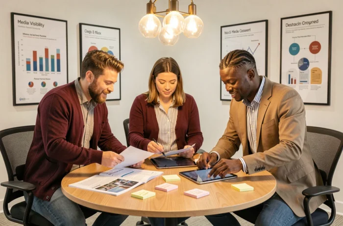 Équipe de professionnels analysant une stratégie de visibilité médiatique autour d'une table de réunion moderne