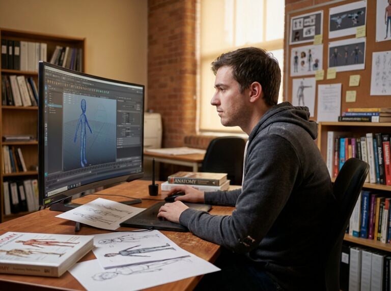 Étudiant en prépa animation 3D travaillant sur un logiciel de modélisation dans un studio de création