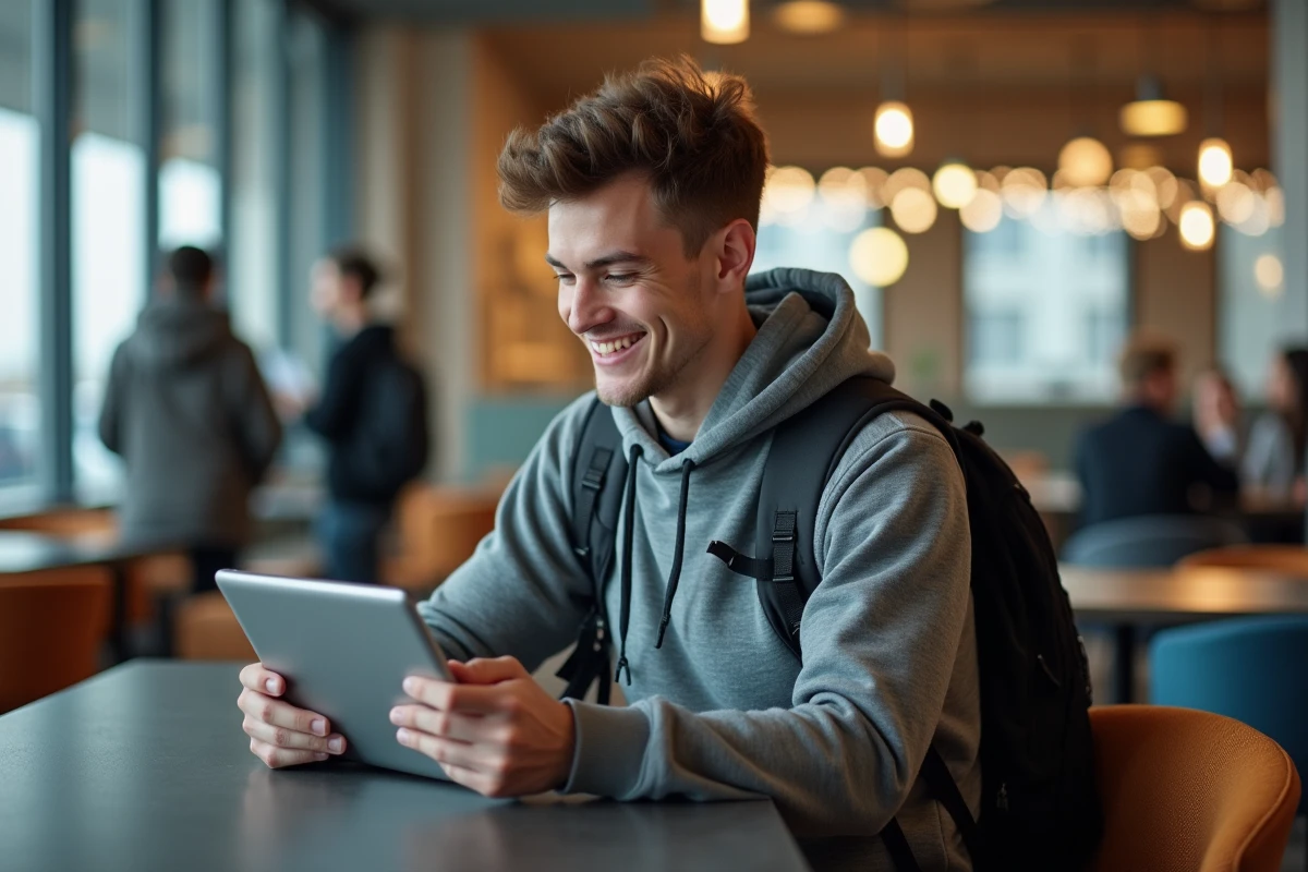 Etudiant relaxe utilisant une tablette dans un espace moderne
