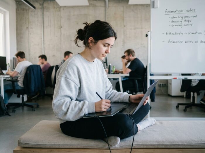 Étudiante en prépa animation dessinant sur tablette graphique dans un espace de travail collaboratif