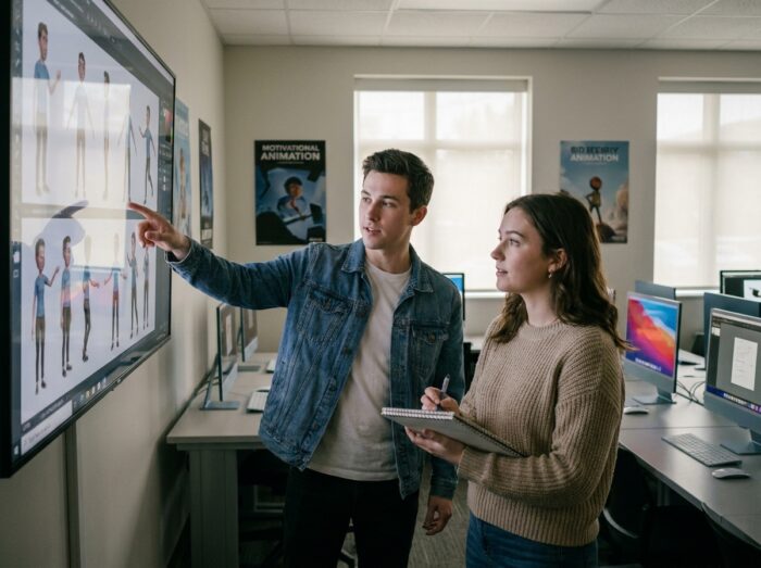 Deux étudiants en prépa animation discutant d'un personnage 3D affiché sur un écran de classe