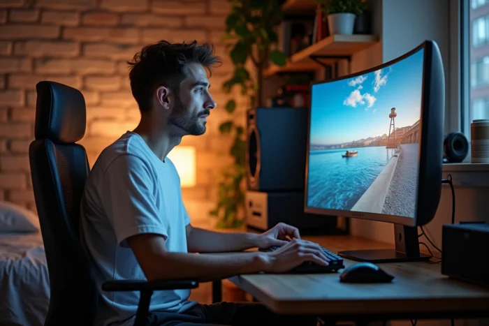 Jeune homme regardant du contenu en streaming HD dans un studio créatif à domicile, illustrant l'évolution du streaming de Ragibo et Ranopi