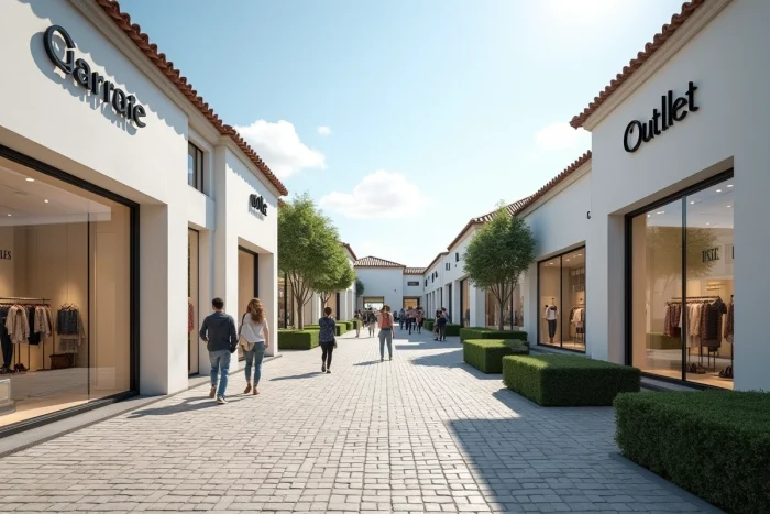 Vue panoramique des façades de boutiques de marques au Village des Marques de Miramas