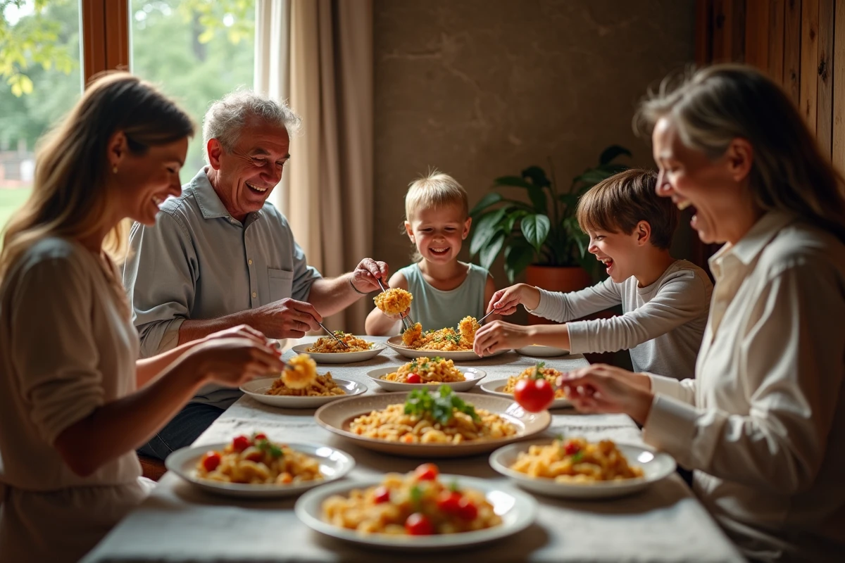 Famille multigeneration partageant un repas convivial à table