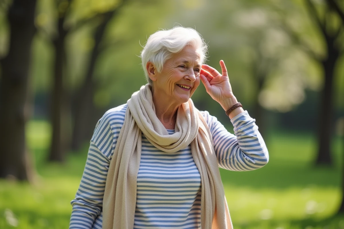 Femme active de 72 ans marche dans un parc verdoyant