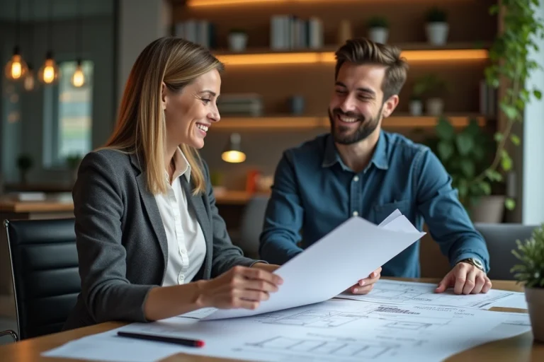 Femme d'affaires discutant de plans avec agent immobilier