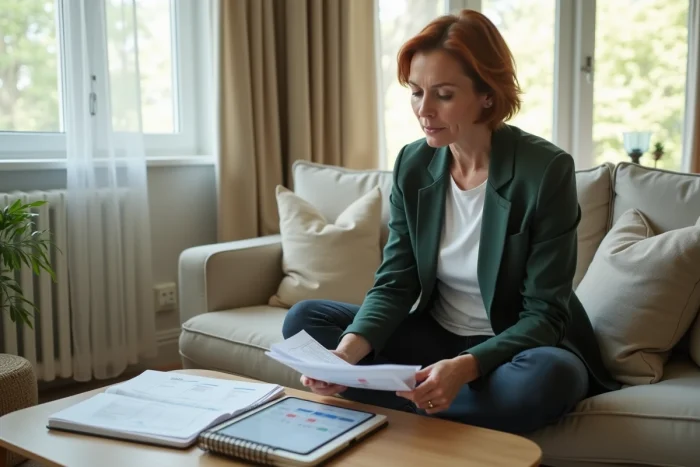 Femme auto-entrepreneur analysant ses documents et tableau de bord en ligne depuis son salon aménagé en espace de travail