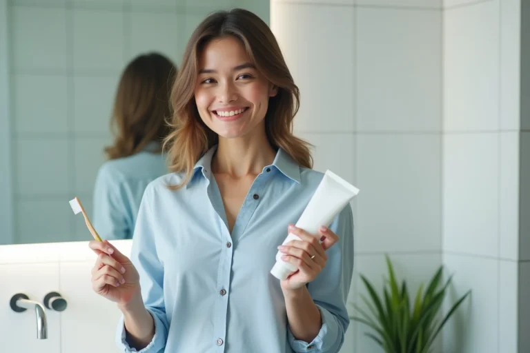 Femme souriante en salle de bain avec brosse à dents
